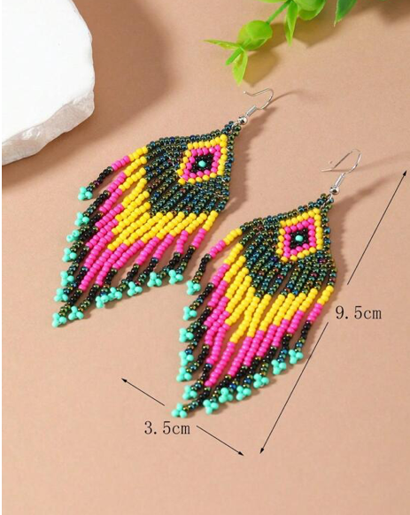 Boho Black Multicolor HANDMADE Tribal Seed Beads Earrings