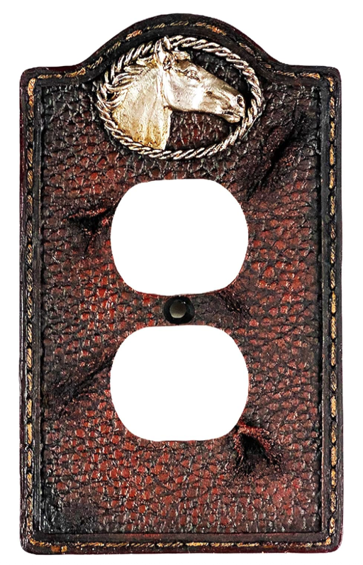 Western Horse Light Switch Plate Covers  Stitched Faux Leather Look Silver Rope