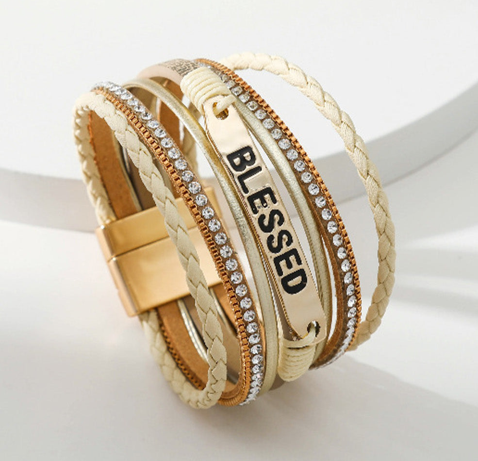 BLESSED Leather Layered Rhinestone BEIGE Magnetic Bracelet