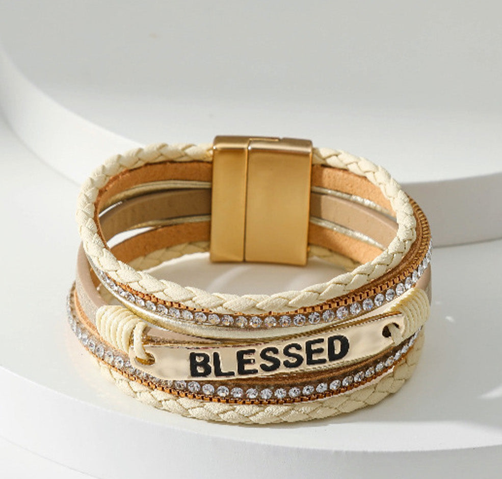 BLESSED Leather Layered Rhinestone BEIGE Magnetic Bracelet