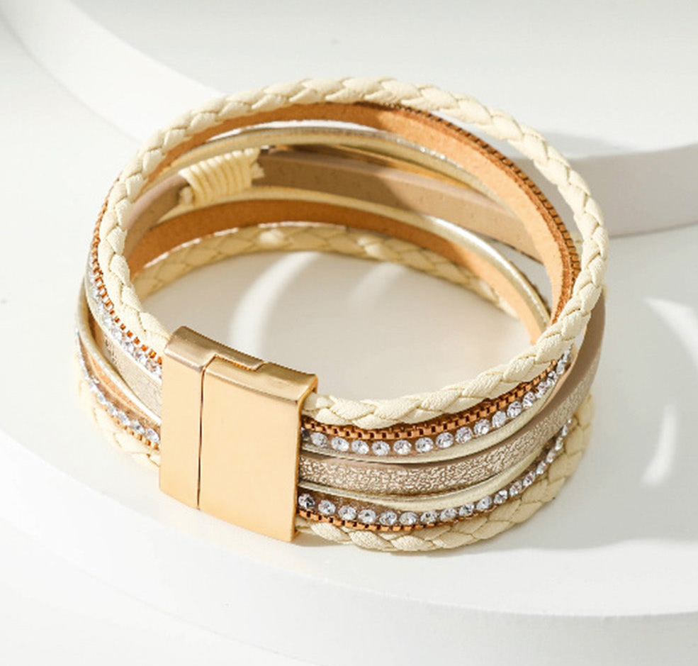 BLESSED Leather Layered Rhinestone BEIGE Magnetic Bracelet