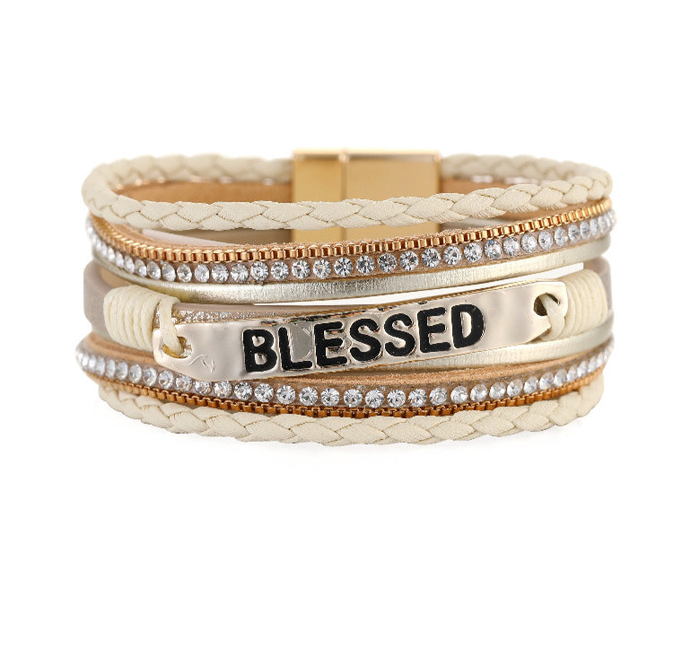 BLESSED Leather Layered Rhinestone BEIGE Magnetic Bracelet