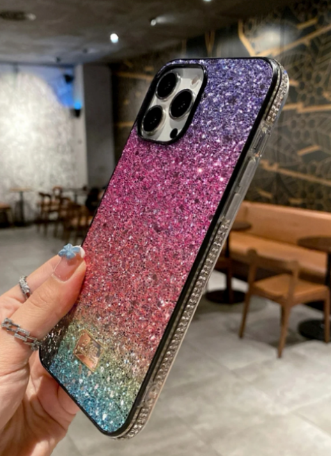 iPhone 14 and 15 Soft Case Bling Rhinestone Purple Ombre Multicolor