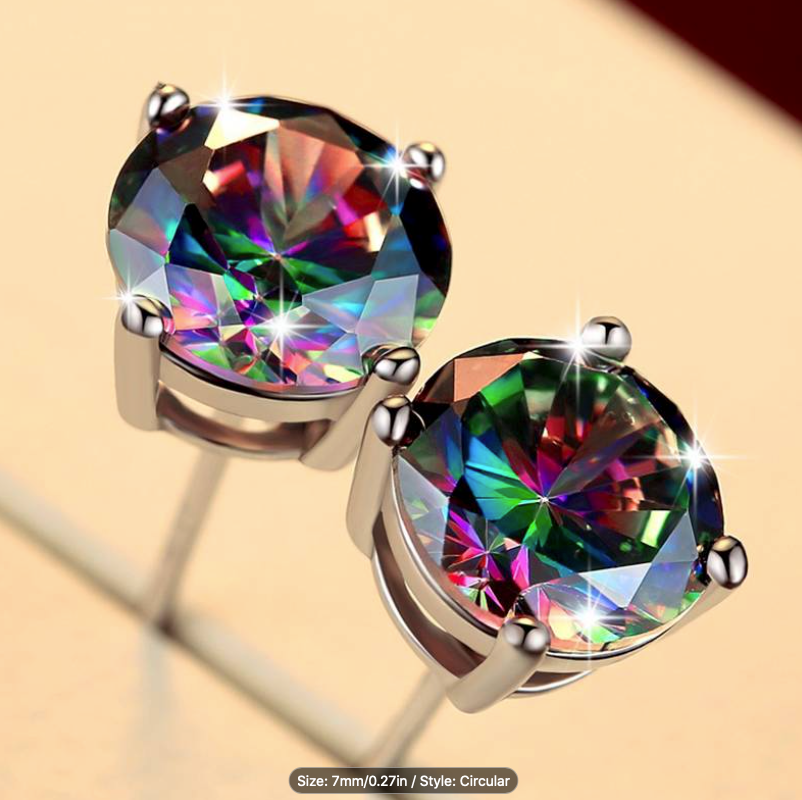 Round Mystic Topaz Gemstone Rainbow Oil Spill Stainless Steel Post Back  Earrings