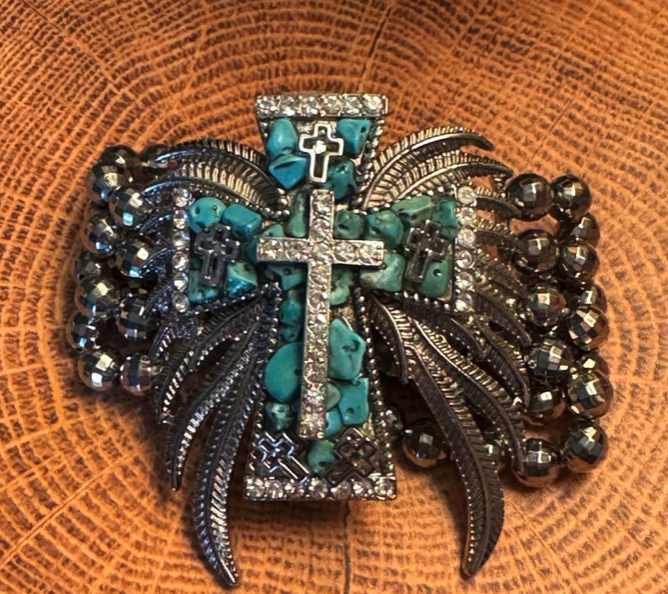 Angel Wings Cross Blue Turquoise Crackle Stone Stretchy  Bracelet