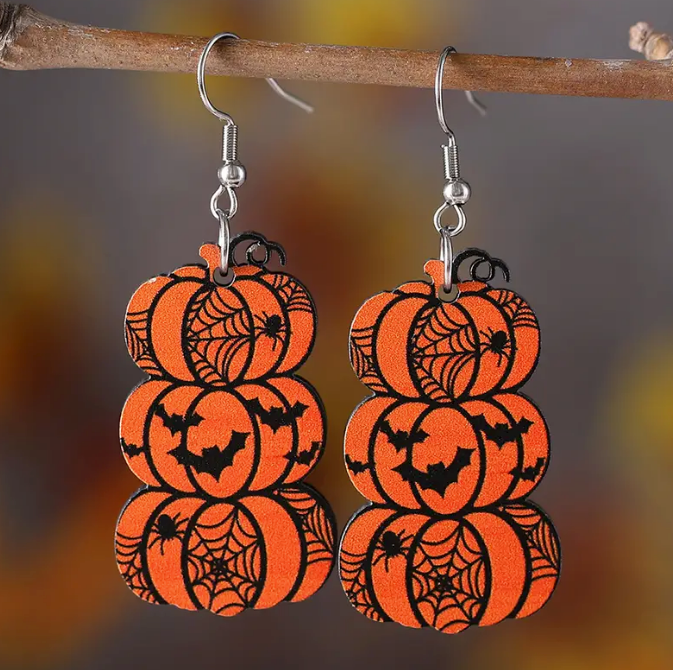 Halloween Bat Pumpkin  Spider Wood   Earrings
