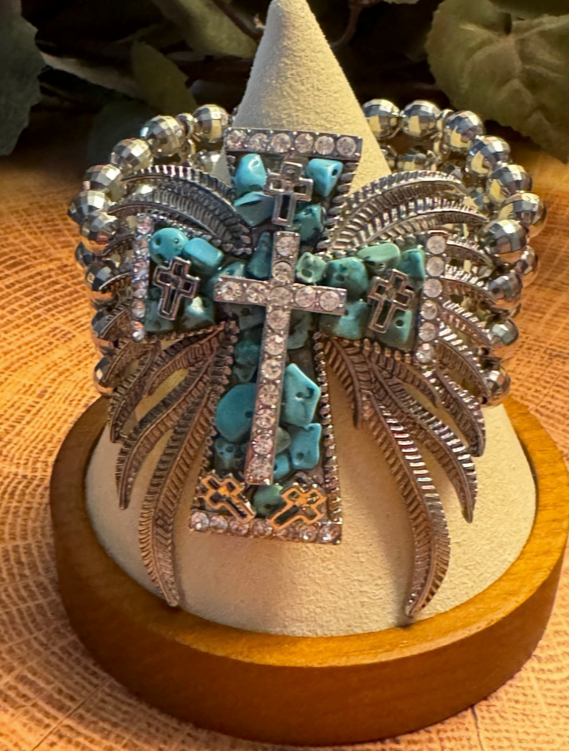 Angel Wings Cross Blue Turquoise Crackle Stone Stretchy  Bracelet