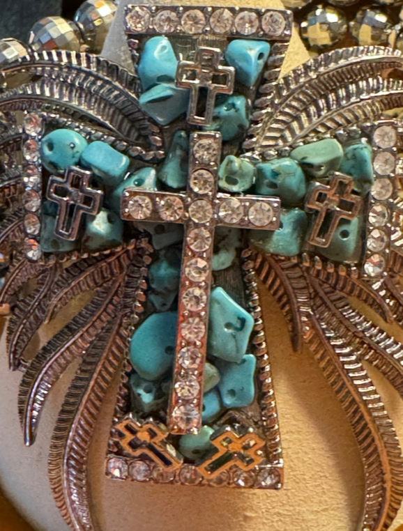 Angel Wings Cross Blue Turquoise Crackle Stone Stretchy  Bracelet