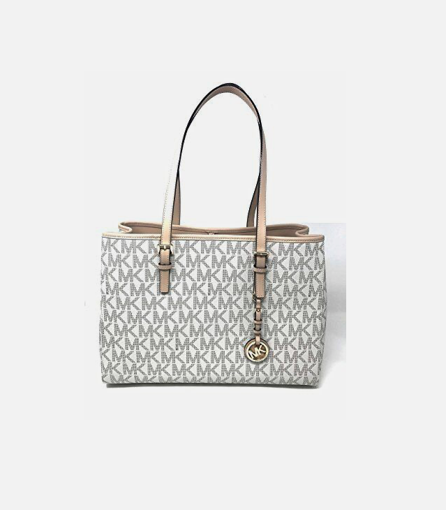 MICHAEL KORS JET SET TRAVEL VANILLA PVC LARGE EW TOTE, SHOULDER BAG, GOLD