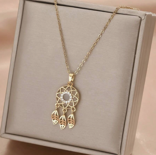 Cubic Zirconia Dreamcatcher Gold Stainless Steel Pendant Necklace