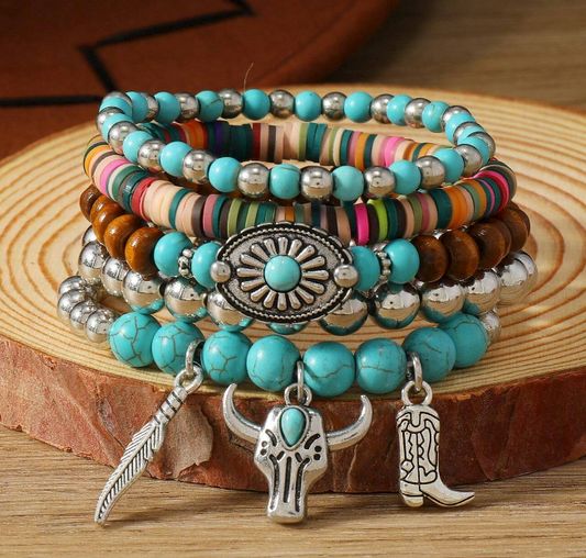Boho Western Style Wood Bead Turquoise Boot Leaf Daisy Bull Head Stretchy 5pc Set Bracelet