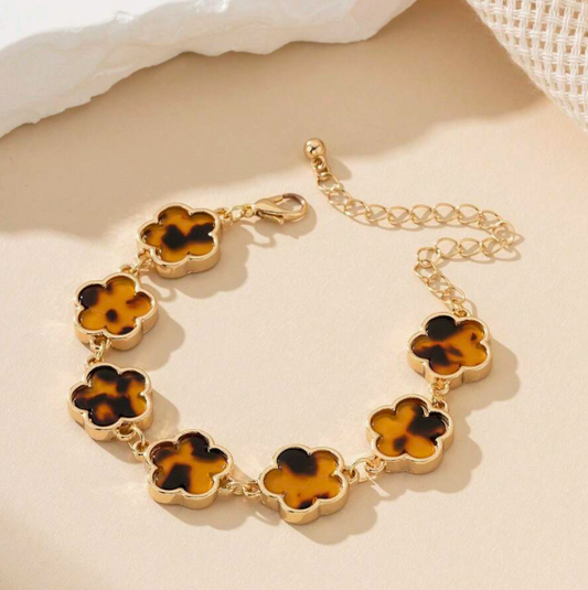 Lucky ~ 4 Leaf Clover Bracelet in Brown Leopard Print    (  Pre Order  )