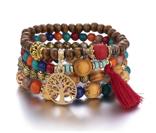 Boho Multicolor Tree of Life Wooden Stretchy Stack Set Bracelets