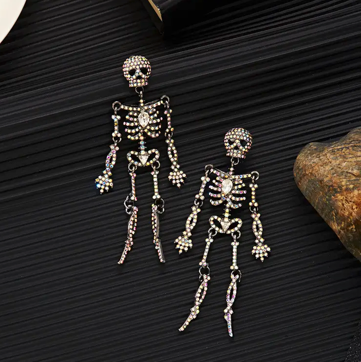 Bling Halloween Iridescent  Skeleton Post Back Earrings