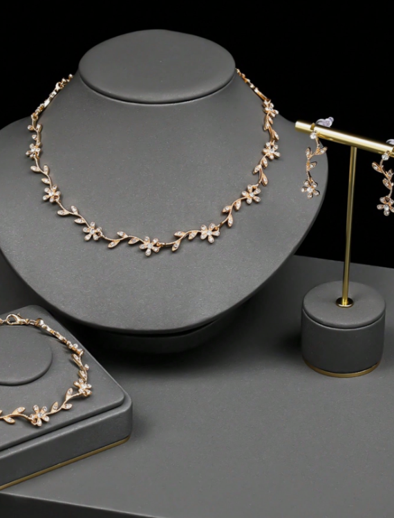 Swarovski Crystal Bridal Gold Necklace Earrings Bracelet Set