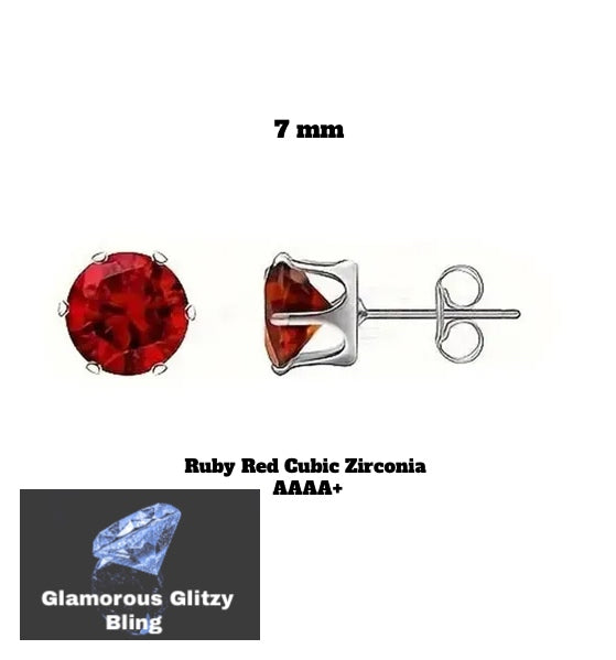 7 mm 'Ruby Red' Cubic Zirconia  Stud Post Stainless Steel Earrings  (preorder)