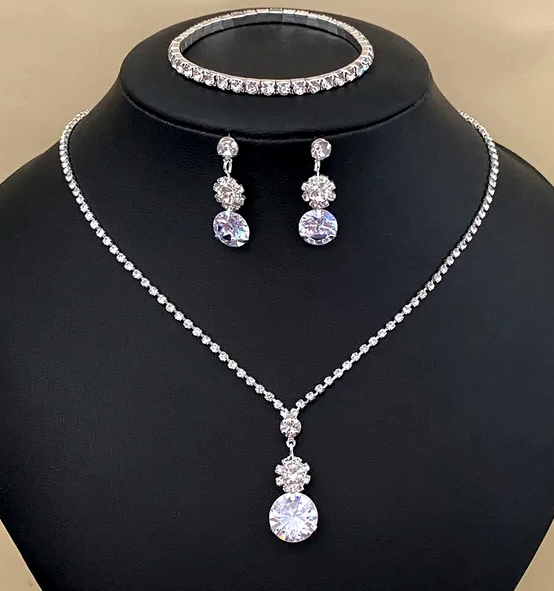 Bridal Prom Waterfall Droplet Three Piece Necklace Earrings and Bracelet Jewelry Set  ( Pre Order )