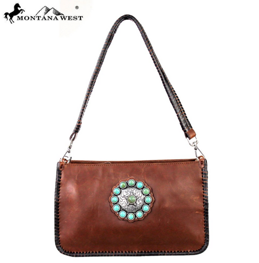Montana West Trinity Ranch Ranch Genuine Leather Shoulder Handbag- Coffee Brown