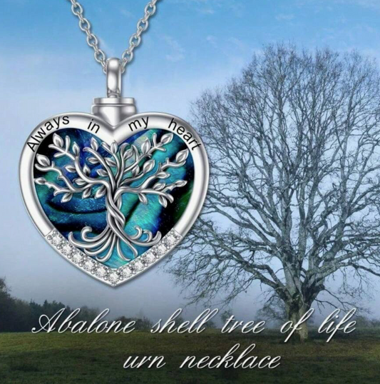 Abalone Shell Heart Tree of Life Memorial Urn Pendant Necklace Stainless Steel
