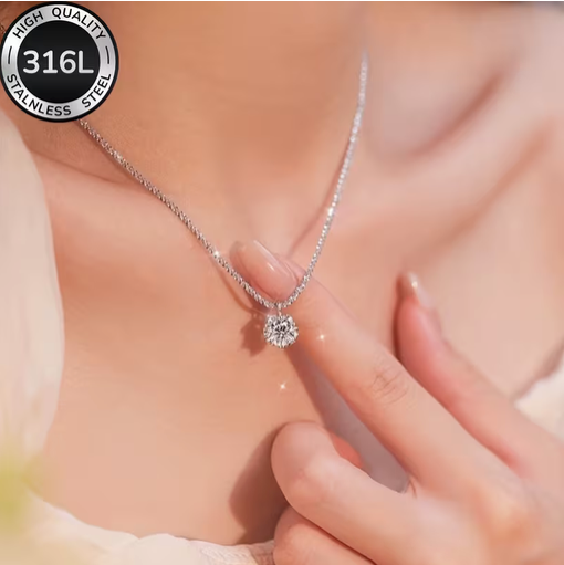 Cubic Zirconia 18 K White Gold Plated Stainless Steel Necklace