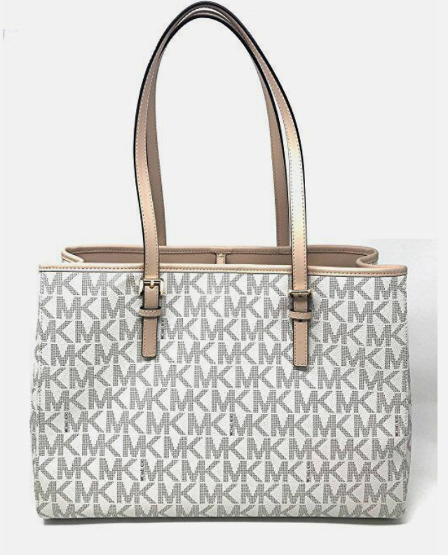MICHAEL KORS JET SET TRAVEL VANILLA PVC LARGE EW TOTE, SHOULDER BAG, GOLD