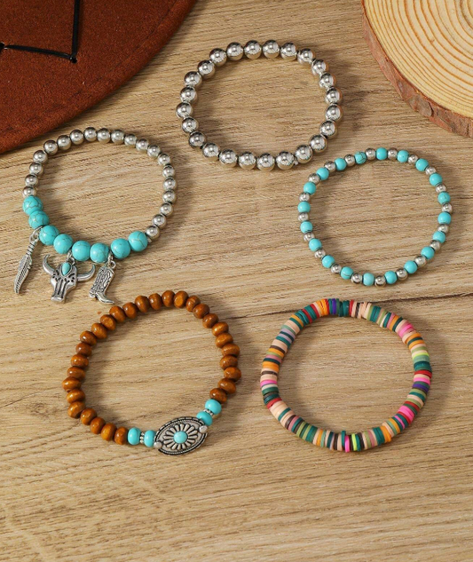 Boho Western Style Wood Bead Turquoise Boot Leaf Daisy Bull Head Stretchy 5pc Set Bracelet