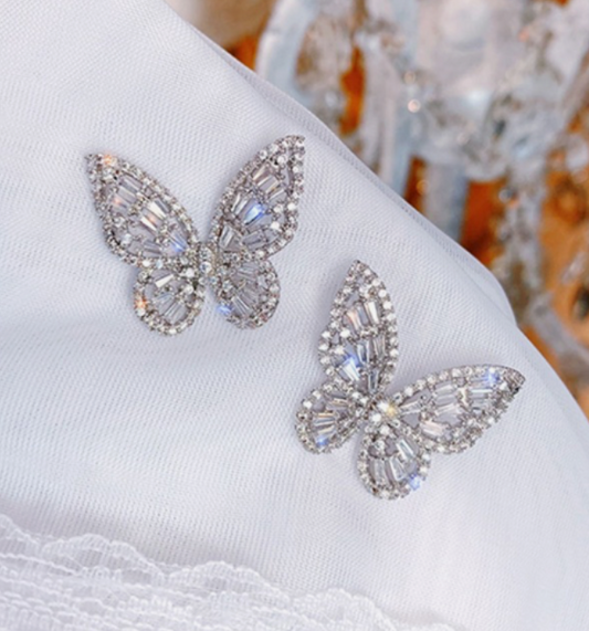 Butterfly Cubic Zirconia  925 Sterling Silver Post Back Earrings