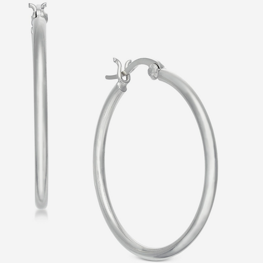 Essentials 14K Polished Hoop  Medium  Silver Plated  Earrings