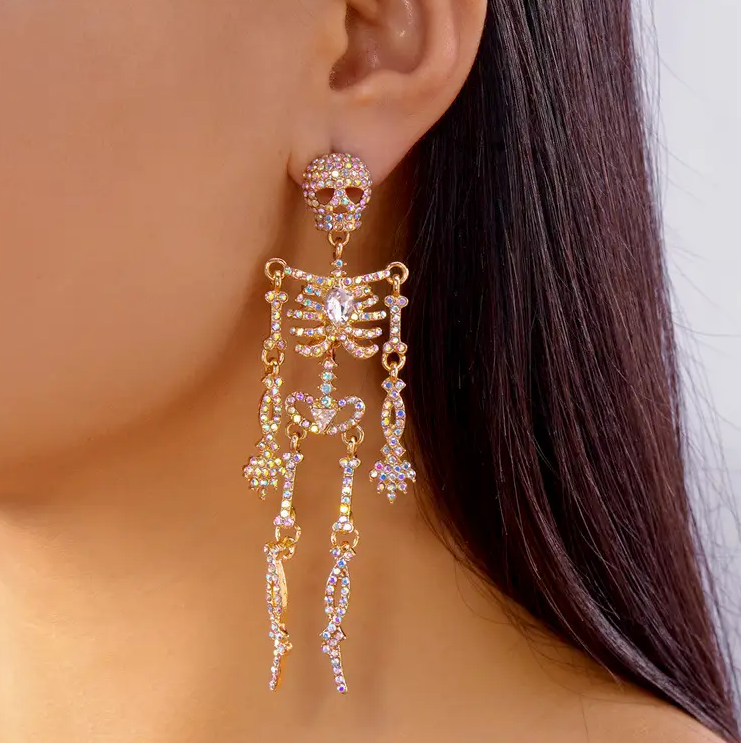 Bling Halloween Iridescent  Skeleton Post Back Earrings