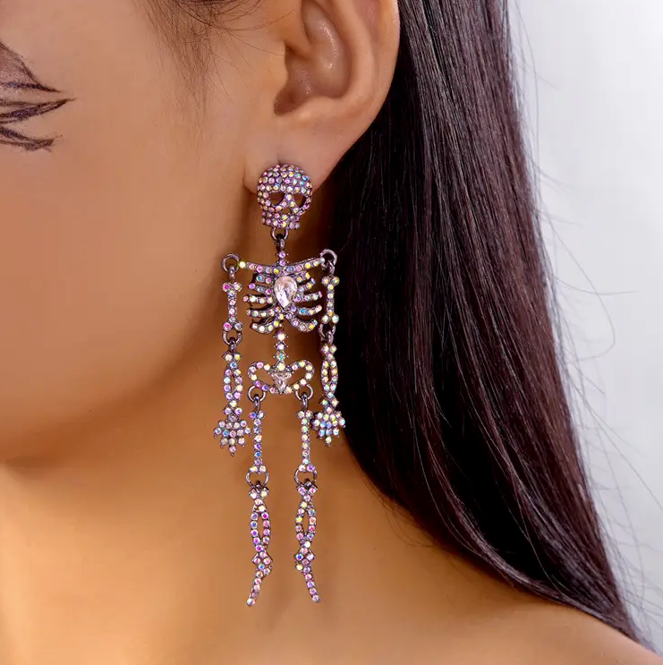 Bling Halloween Iridescent  Skeleton Post Back Earrings