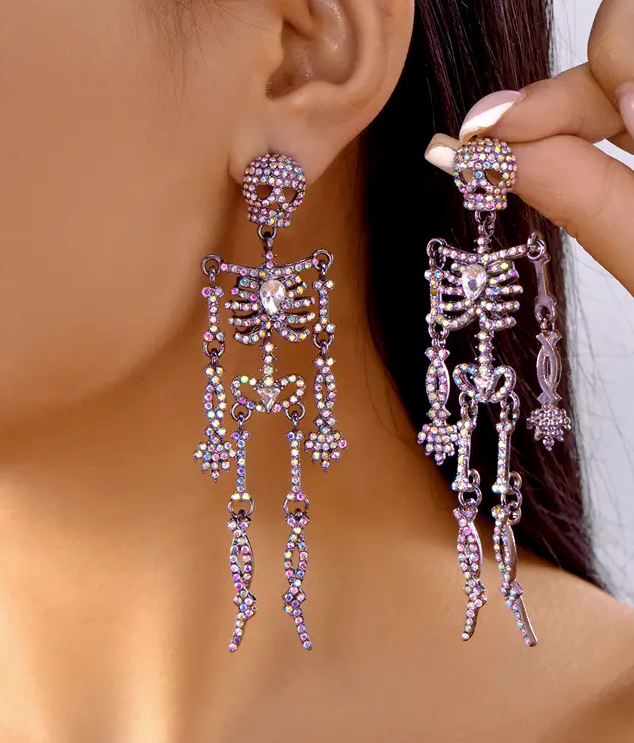 Bling Halloween Iridescent  Skeleton Post Back Earrings