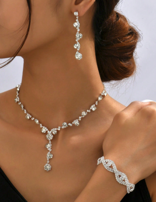 Water Droplet Necklace Earring and Bracelet White on silver Jewelry Set