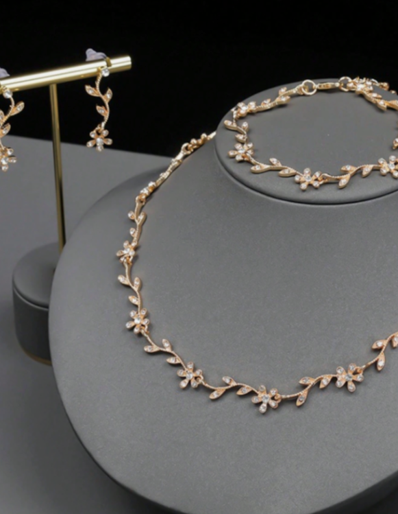 Swarovski Crystal Bridal Gold Necklace Earrings Bracelet Set