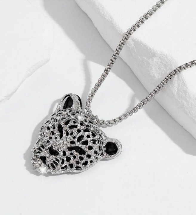 Cat Leopard Tiger Head Bling  Necklace