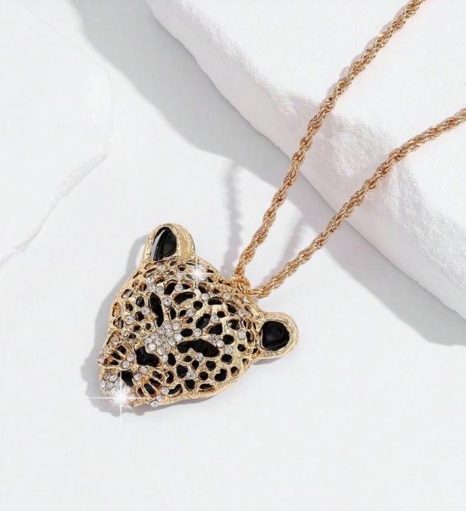 Cat Leopard Tiger Head Bling  Necklace