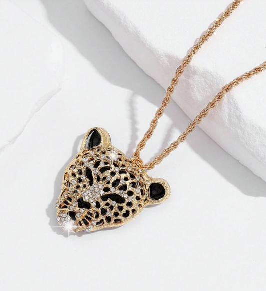Cat Leopard Tiger Head Bling  Necklace