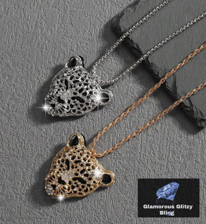 Cat Leopard Tiger Head Bling  Necklace
