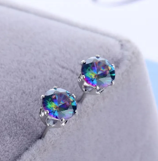 6.5 mm Cubic Zirconia Blue Oil Spill Multicolor Stud Post  Earrings   ( preorder)