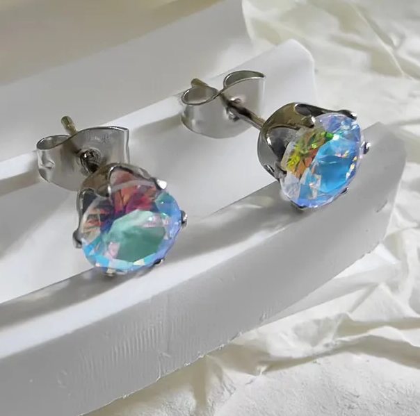 7 mm  Iridescent Cubic Zirconia  Stud Post Stainless Steel Earrings  (preorder)