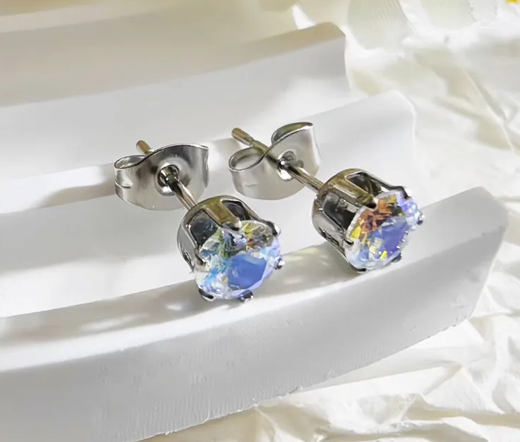 7 mm  Iridescent Cubic Zirconia  Stud Post Stainless Steel Earrings  (preorder)
