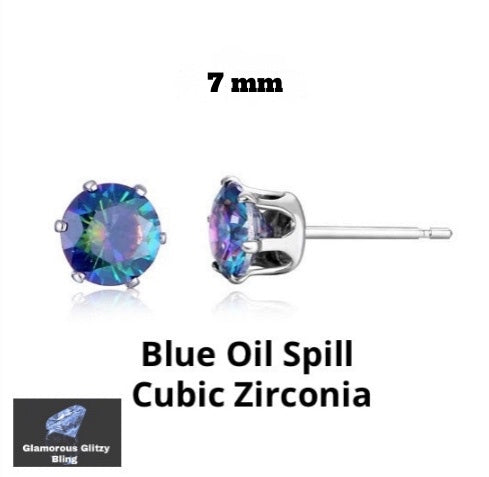 7 mm Cubic Zirconia Blue Oil Spill Multicolor Stud Post Stainless Steel Earrings  (preorder)