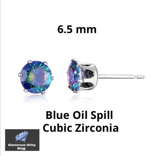 Cubic Zirconia Blue Oil Spill Multicolor Stud Post Back Earrings