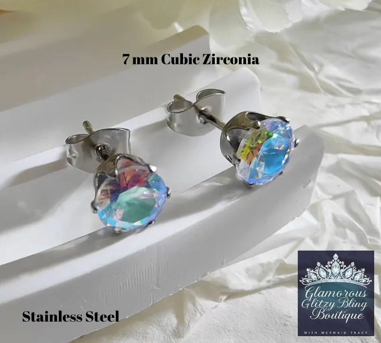 7 mm  Iridescent Cubic Zirconia  Stud Post Stainless Steel Earrings