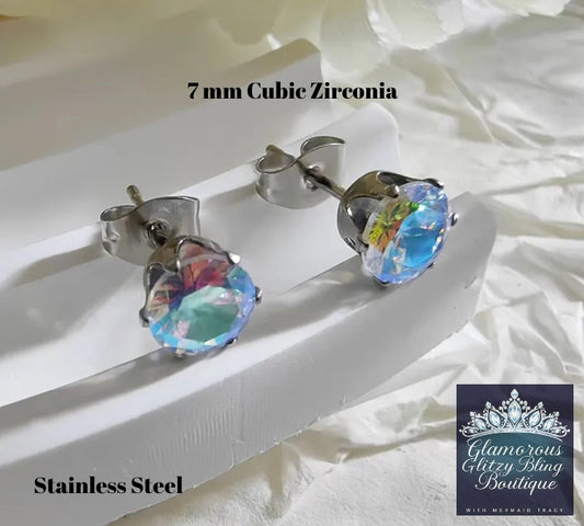 7 mm  Iridescent Cubic Zirconia  Stud Post Stainless Steel Earrings