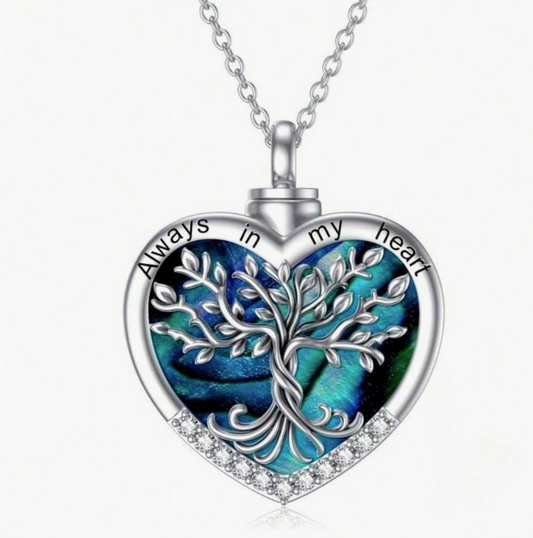 Abalone Shell Heart Tree of Life Memorial Urn Pendant Necklace Stainless Steel