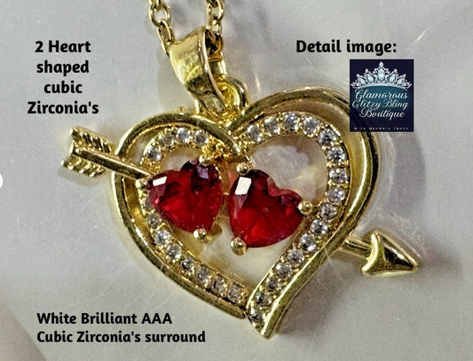 "Cupid Valentine" Double Heart Red 14K Gold Stainless Steel Necklace