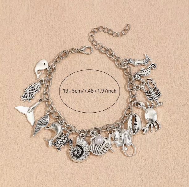 Sea Creature Ocean Themed Charm  Bracelet Tibetan Silver