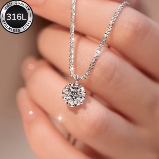 Cubic Zirconia 18 K White Gold Plated Stainless Steel Necklace