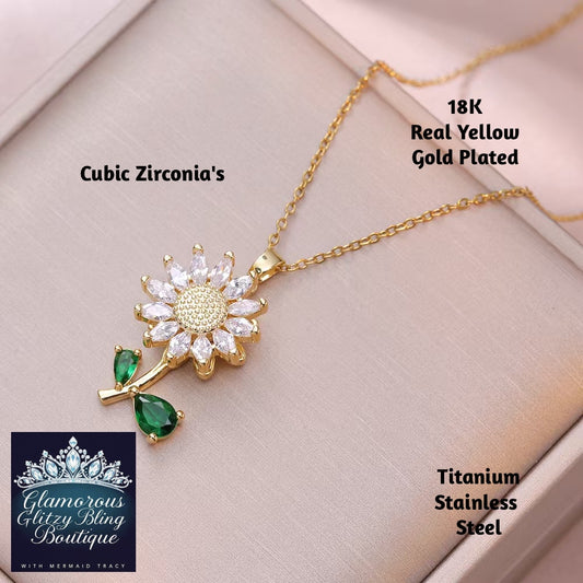 Sunflower Multicolor Cubic Zirconia 18K Yellow Gold Stainless Steel Necklace