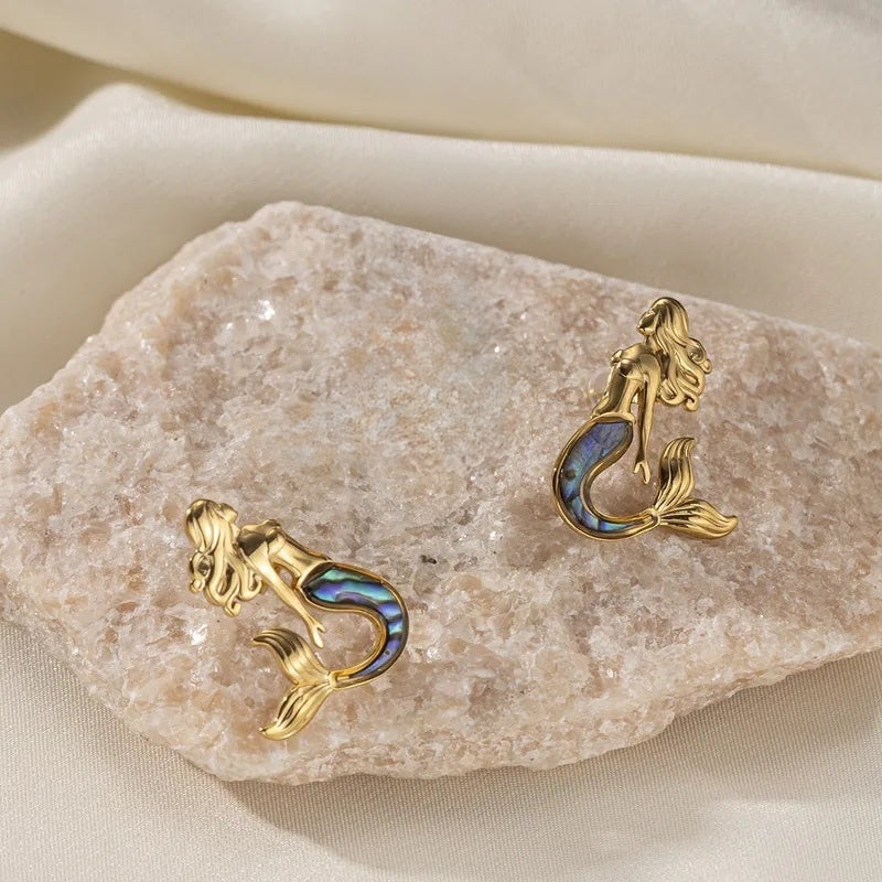 Abalone Shell 14K Gold Mermaid Stud Post Back Earring Titanium Stainless Steel